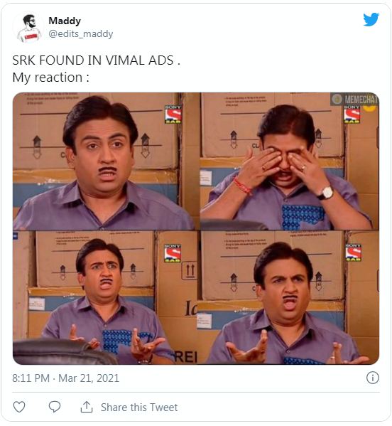 Twitter reacts hilariously, on SRK joining Vimal ad | Disha News India